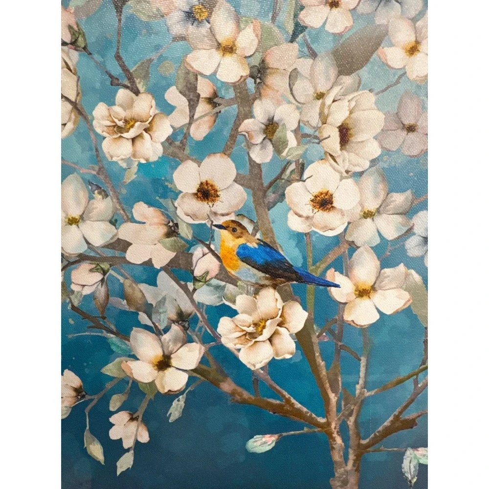 Wijotavic Bird and Blossom Canvas Wall Art Teal Blue Floral Decor 13x13